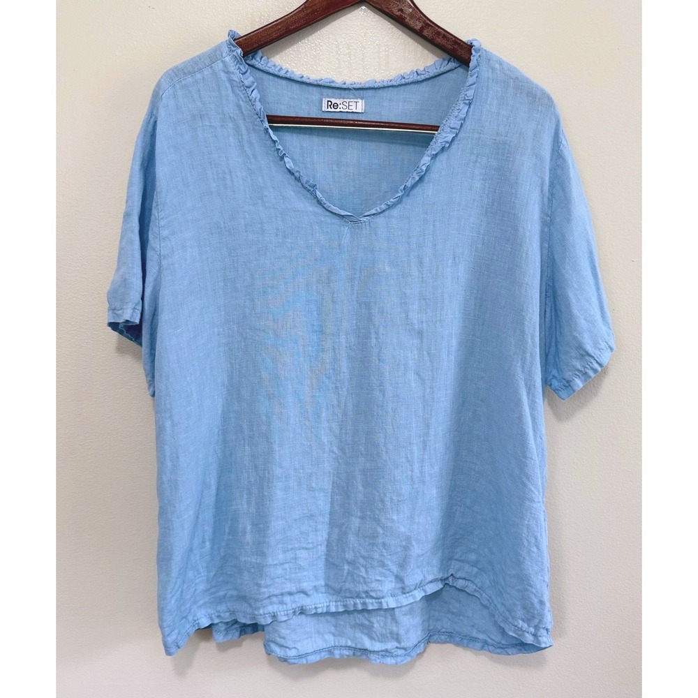 Re:SET Women's Light Blue 100% Linen Ruffle V-Neck Top Made in Italy Sz Large